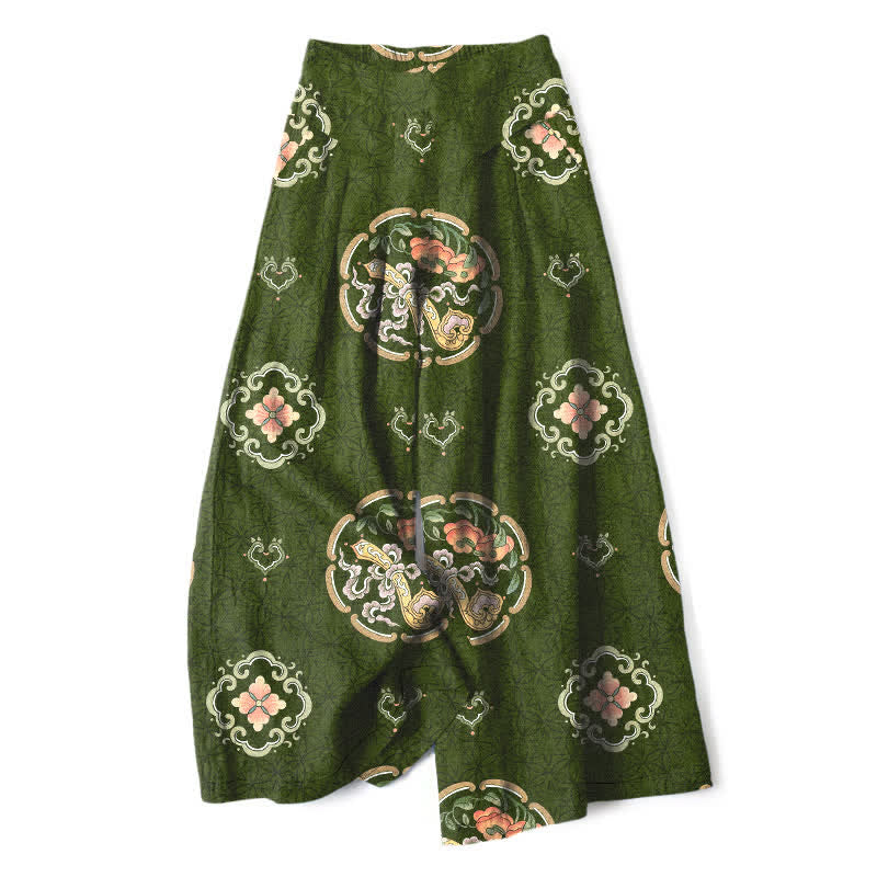 Nimara Ritual Cotton Linen Bohemian Medallion Pattern Women's Elastic Waist Wide Leg Pants With Pockets