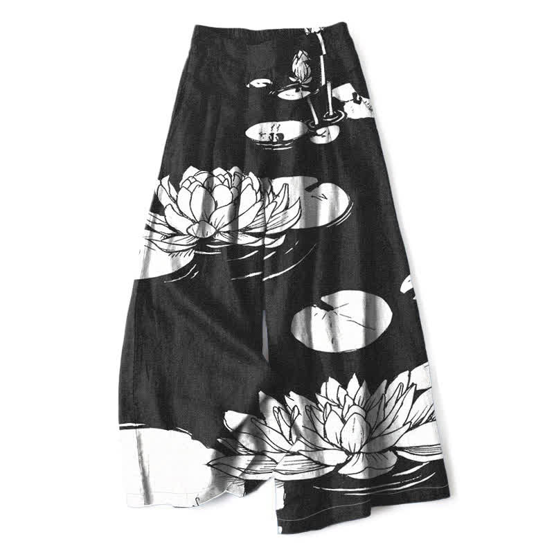 Nimara Ritual Cotton Linen Lotus Leaf Pattern Women's Elastic Waist Wide Leg Pants With Pockets