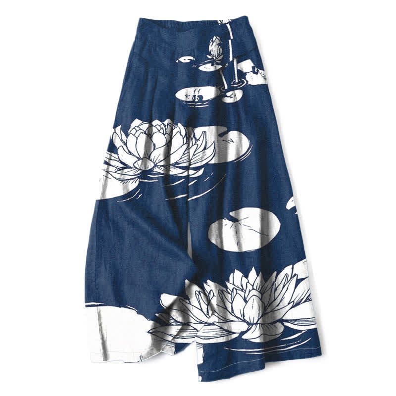 Nimara Ritual Cotton Linen Lotus Leaf Pattern Women's Elastic Waist Wide Leg Pants With Pockets
