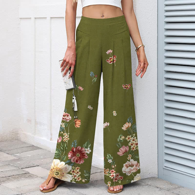 Nimara Ritual Cotton Linen Bohemian Floral Pattern Women's Elastic Waist Wide Leg Pants With Pockets