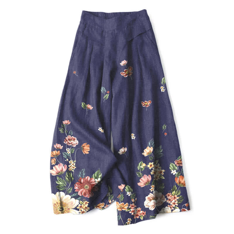 Nimara Ritual Cotton Linen Bohemian Floral Pattern Women's Elastic Waist Wide Leg Pants With Pockets