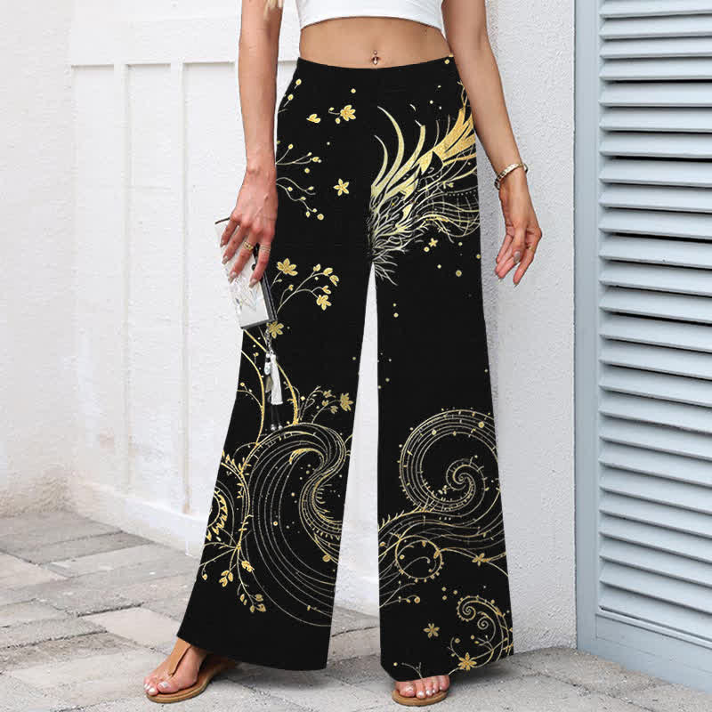 Nimara Ritual Cotton Linen Dragon Wave Pattern Women's Elastic Waist Wide Leg Pants With Pockets
