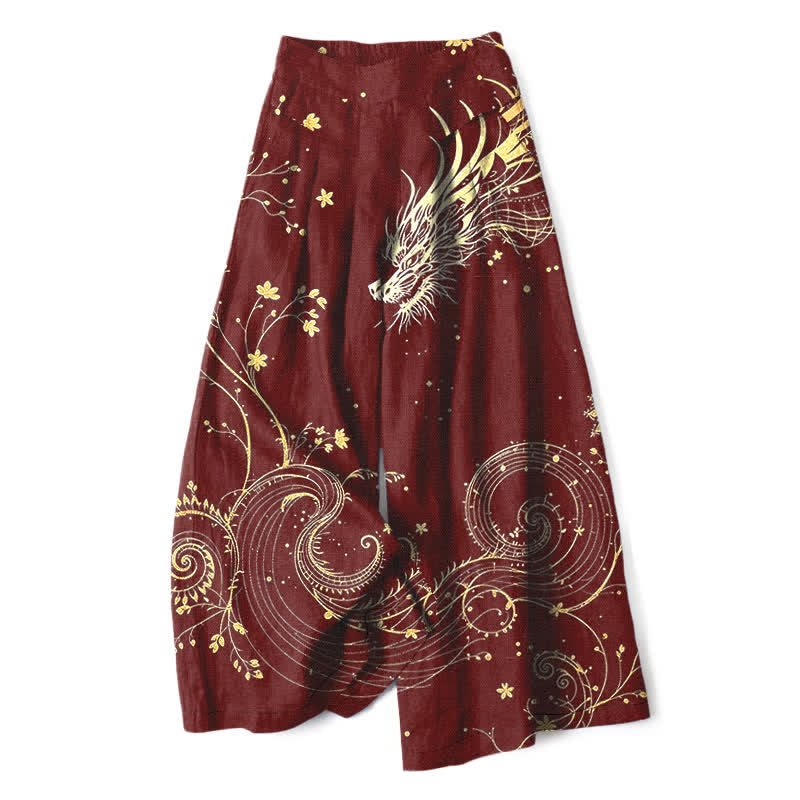 Nimara Ritual Cotton Linen Dragon Wave Pattern Women's Elastic Waist Wide Leg Pants With Pockets
