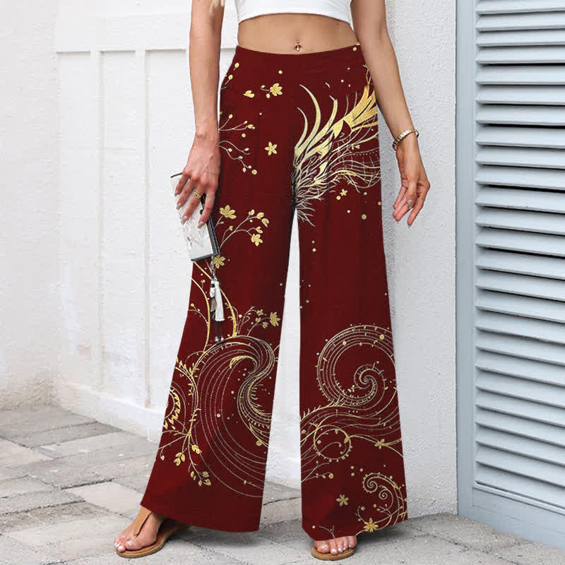 Nimara Ritual Cotton Linen Dragon Wave Pattern Women's Elastic Waist Wide Leg Pants With Pockets
