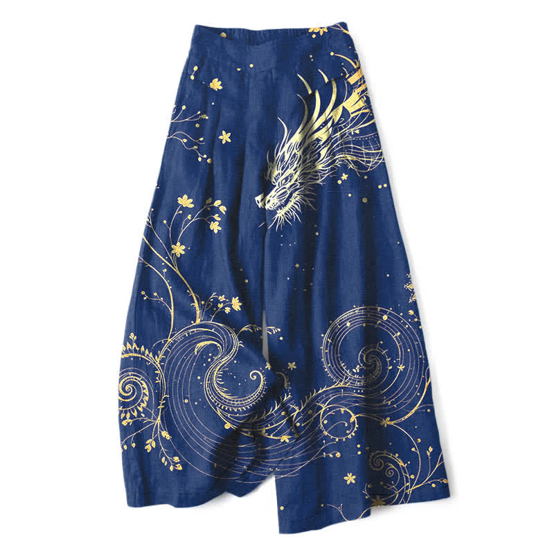Nimara Ritual Cotton Linen Dragon Wave Pattern Women's Elastic Waist Wide Leg Pants With Pockets