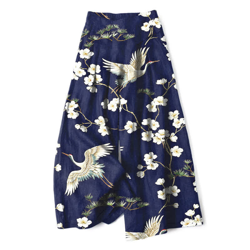 Nimara Ritual Cotton Linen Crane Floral Pattern Women's Elastic Waist Wide Leg Pants With Pockets