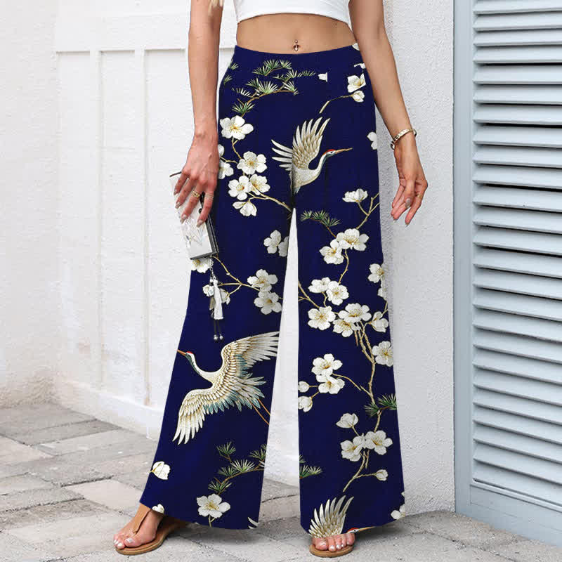 Nimara Ritual Cotton Linen Crane Floral Pattern Women's Elastic Waist Wide Leg Pants With Pockets