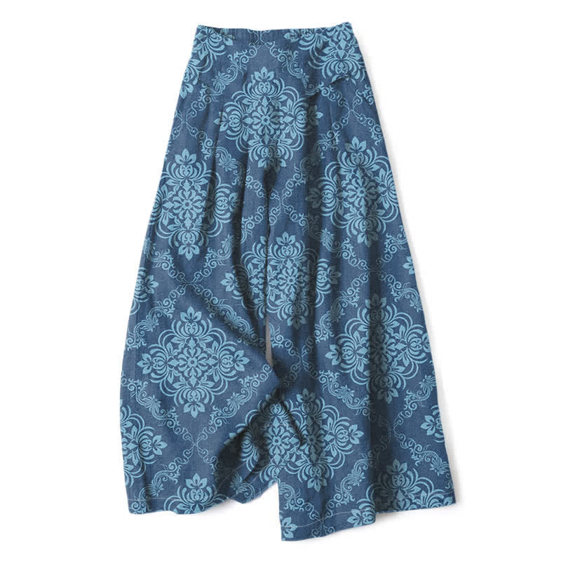Nimara Ritual Cotton Linen Baroque Floral Pattern Women's Elastic Waist Wide Leg Pants With Pockets