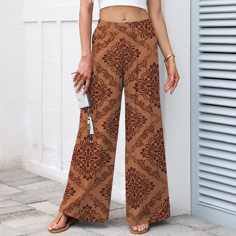 Nimara Ritual Cotton Linen Baroque Floral Pattern Women's Elastic Waist Wide Leg Pants With Pockets
