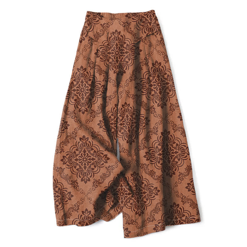 Nimara Ritual Cotton Linen Baroque Floral Pattern Women's Elastic Waist Wide Leg Pants With Pockets