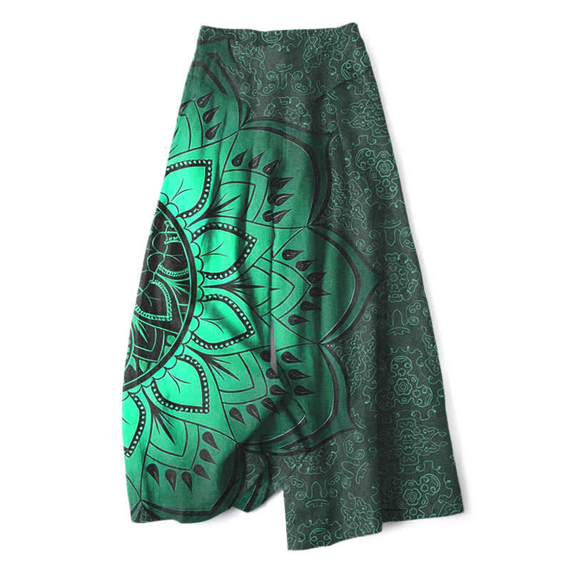 Nimara Ritual Cotton Linen Mandala Pattern Women's Elastic Waist Wide Leg Pants With Pockets