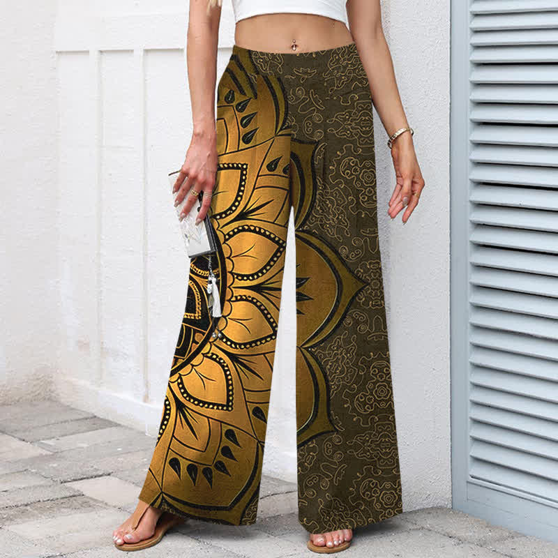 Nimara Ritual Cotton Linen Mandala Pattern Women's Elastic Waist Wide Leg Pants With Pockets