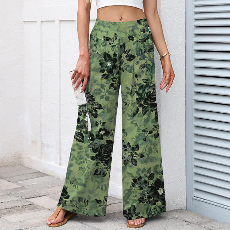 Nimara Ritual Cotton Linen Floral Pattern Women's Elastic Waist Wide Leg Pants With Pockets