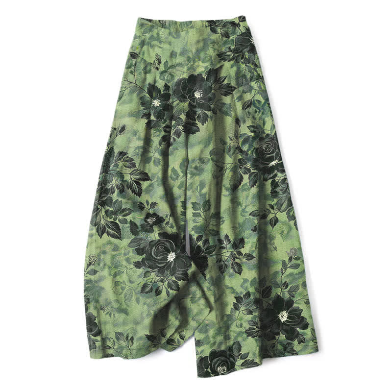 Nimara Ritual Cotton Linen Floral Pattern Women's Elastic Waist Wide Leg Pants With Pockets