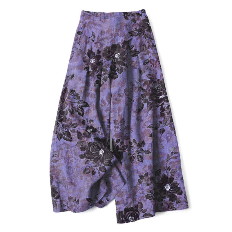Nimara Ritual Cotton Linen Floral Pattern Women's Elastic Waist Wide Leg Pants With Pockets