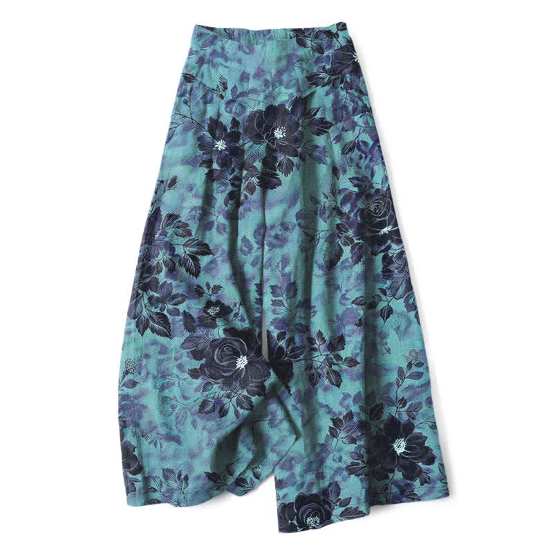Nimara Ritual Cotton Linen Floral Pattern Women's Elastic Waist Wide Leg Pants With Pockets