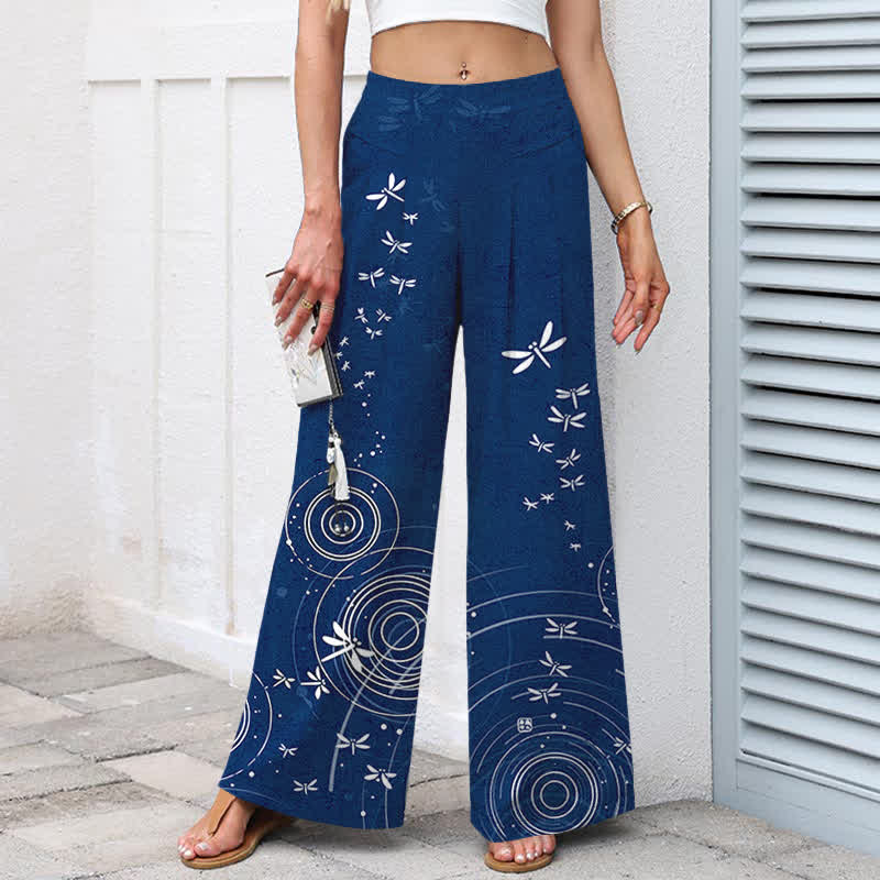Nimara Ritual Cotton Linen Dragonfly Ripple Pattern Women's Elastic Waist Wide Leg Pants With Pockets