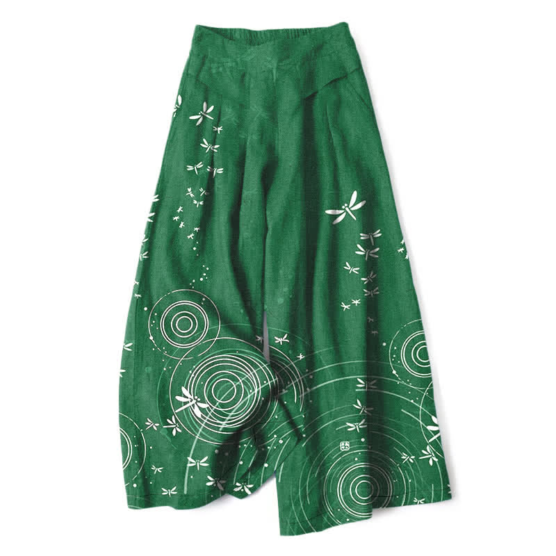 Nimara Ritual Cotton Linen Dragonfly Ripple Pattern Women's Elastic Waist Wide Leg Pants With Pockets
