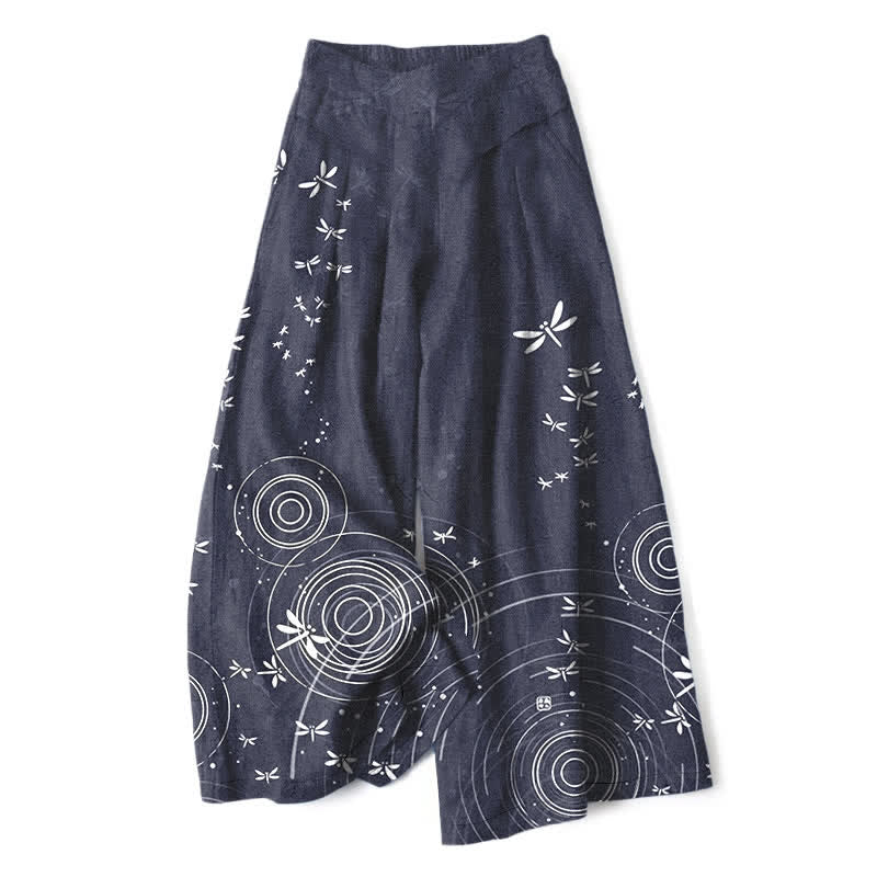 Nimara Ritual Cotton Linen Dragonfly Ripple Pattern Women's Elastic Waist Wide Leg Pants With Pockets