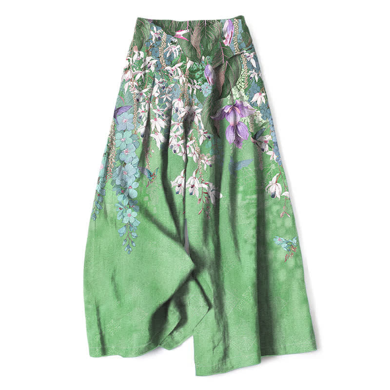 Nimara Ritual Cotton Linen Bohemian Floral Pattern Women's Elastic Waist Wide Leg Pants With Pockets