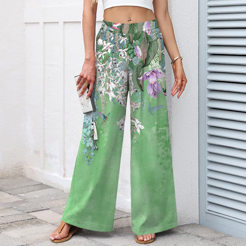 Nimara Ritual Cotton Linen Bohemian Floral Pattern Women's Elastic Waist Wide Leg Pants With Pockets