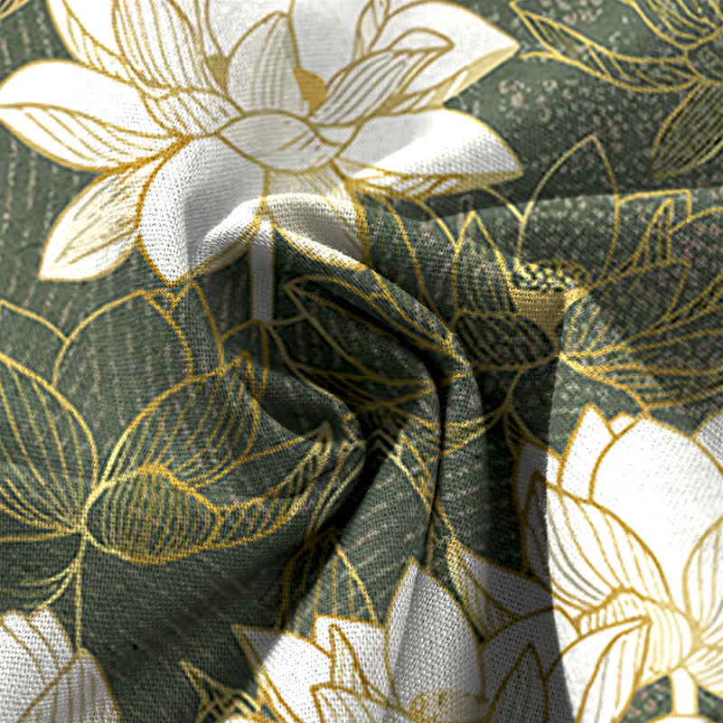 Nimara Ritual Cotton Linen Lotus Bloom Pattern Women's Elastic Waist Wide Leg Pants With Pockets