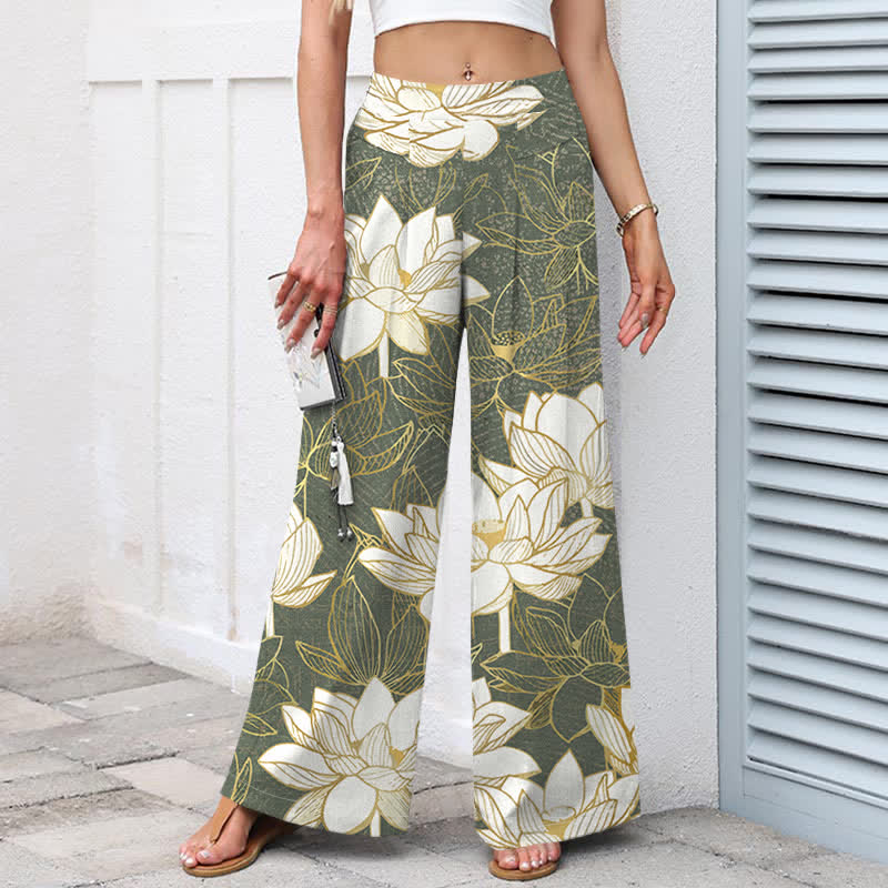 Nimara Ritual Cotton Linen Lotus Bloom Pattern Women's Elastic Waist Wide Leg Pants With Pockets