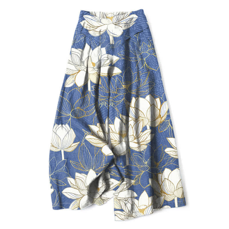 Nimara Ritual Cotton Linen Lotus Bloom Pattern Women's Elastic Waist Wide Leg Pants With Pockets