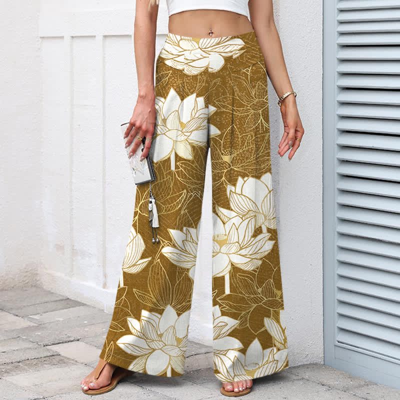 Nimara Ritual Cotton Linen Lotus Bloom Pattern Women's Elastic Waist Wide Leg Pants With Pockets