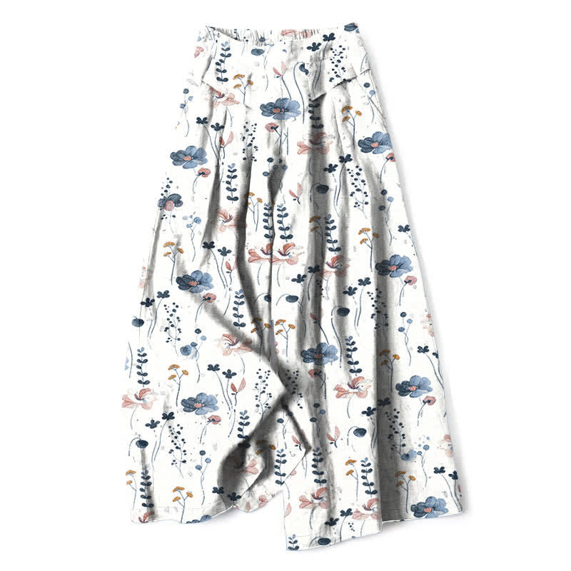 Nimara Ritual Cotton Linen Floral Pattern Women's Elastic Waist Wide Leg Pants With Pockets