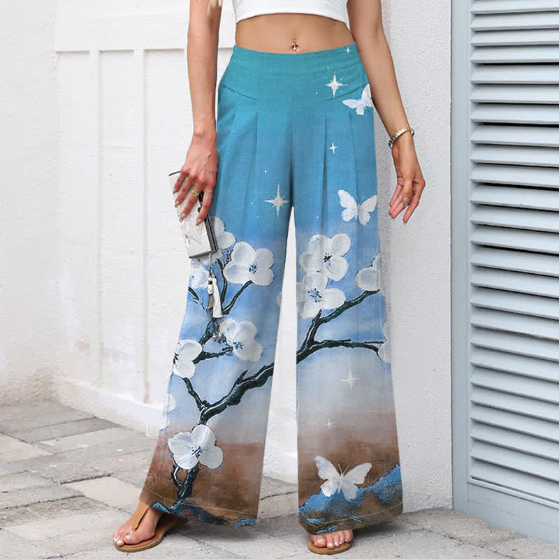 Nimara Ritual Cotton Linen Gradient Floral Pattern Women's Elastic Waist Wide Leg Pants With Pockets