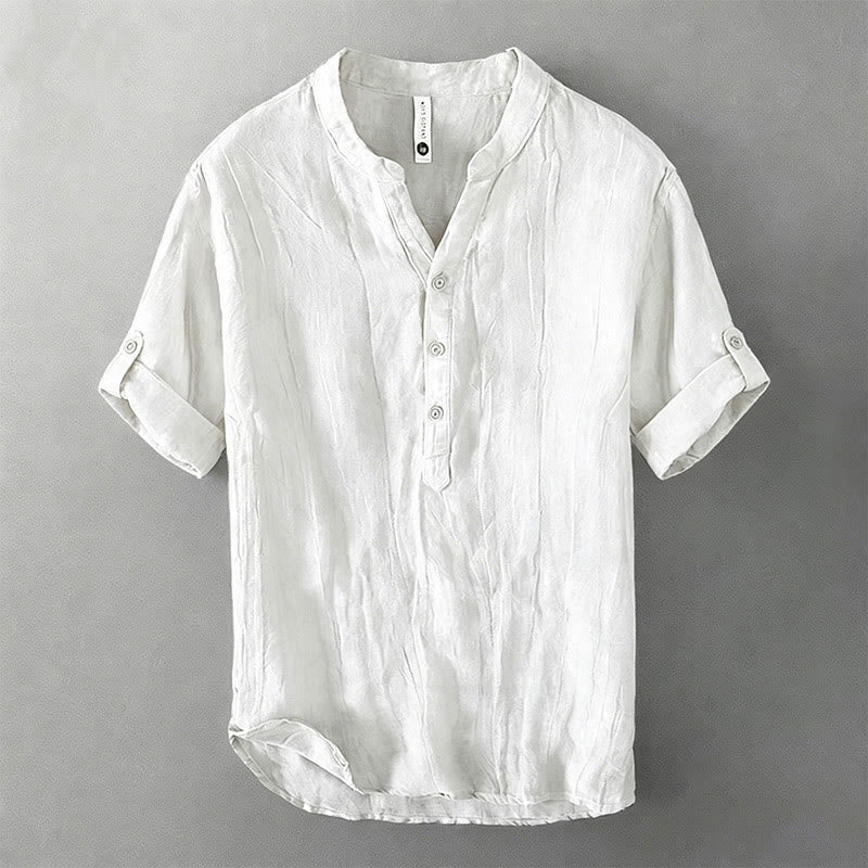 Nimara Ritual Solid Color Short Sleeve Half Button Shirt Cotton Linen Men Clothing