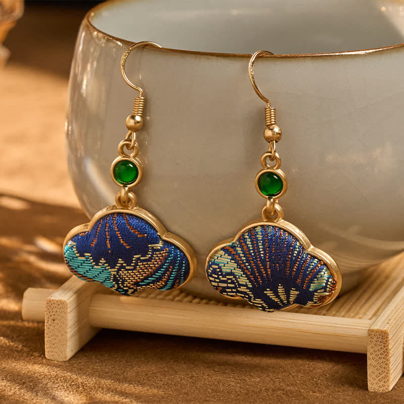 Nimara Ritual Song Brocade Blue Shell-Shaped Prosperity Green Bead Teardrop Earrings