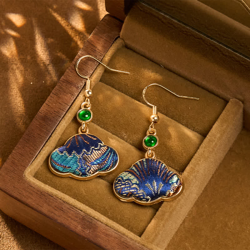 Nimara Ritual Song Brocade Blue Shell-Shaped Prosperity Green Bead Teardrop Earrings