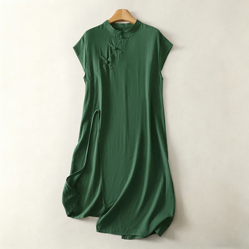 Nimara Ritual Summer Solid Green Mandarin Collar Side Slit Women's Sleeveless Dress