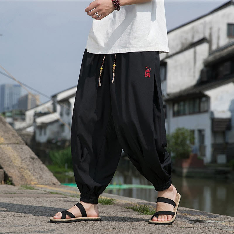 Nimara Ritual Summer Casual Drawstring Chinese Character Carefree Embroidery Ankle Pants Men's Harem Pants With Pockets