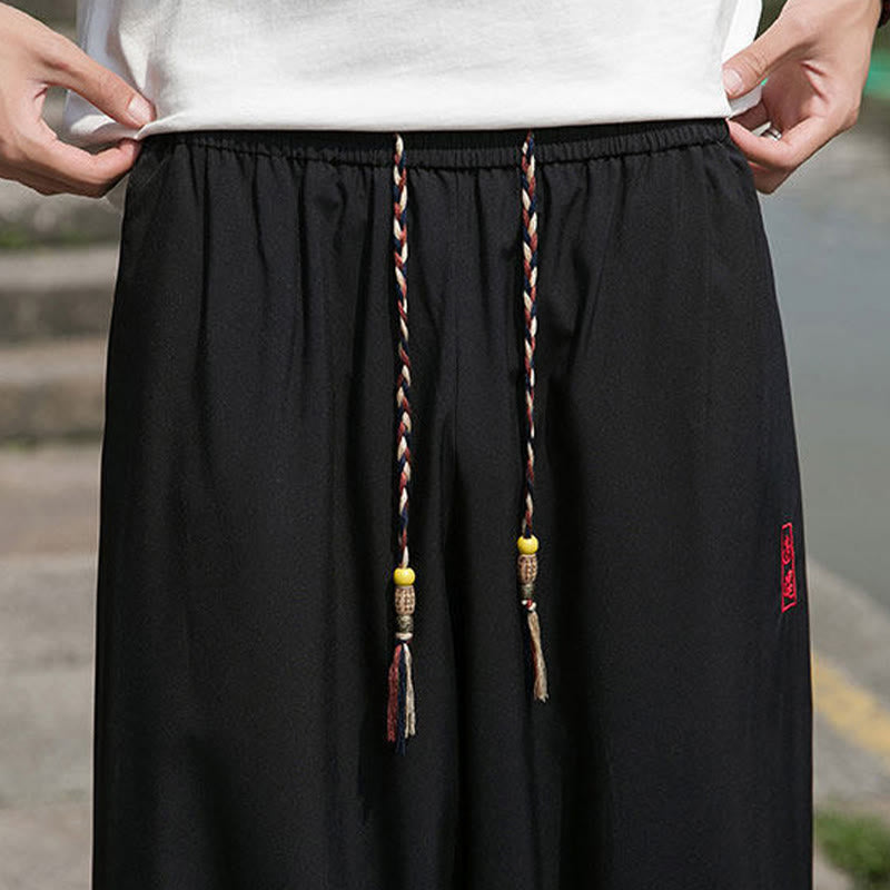 Nimara Ritual Summer Casual Drawstring Chinese Character Carefree Embroidery Ankle Pants Men's Harem Pants With Pockets