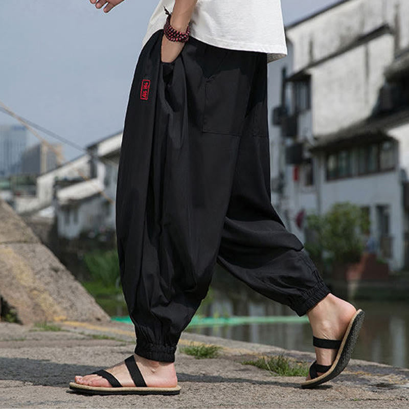 Nimara Ritual Summer Casual Drawstring Chinese Character Carefree Embroidery Ankle Pants Men's Harem Pants With Pockets