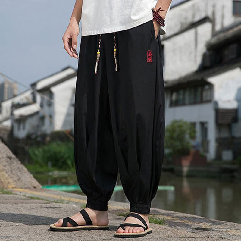 Nimara Ritual Summer Casual Drawstring Chinese Character Carefree Embroidery Ankle Pants Men's Harem Pants With Pockets