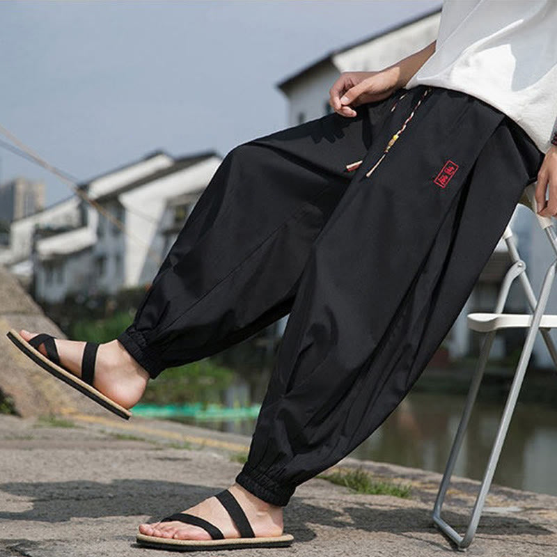 Nimara Ritual Summer Casual Drawstring Chinese Character Carefree Embroidery Ankle Pants Men's Harem Pants With Pockets