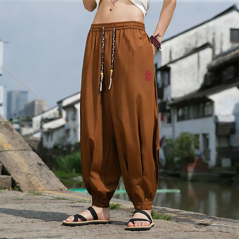 Nimara Ritual Summer Casual Drawstring Chinese Character Carefree Embroidery Ankle Pants Men's Harem Pants With Pockets