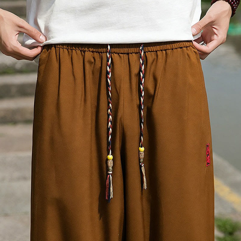 Nimara Ritual Summer Casual Drawstring Chinese Character Carefree Embroidery Ankle Pants Men's Harem Pants With Pockets