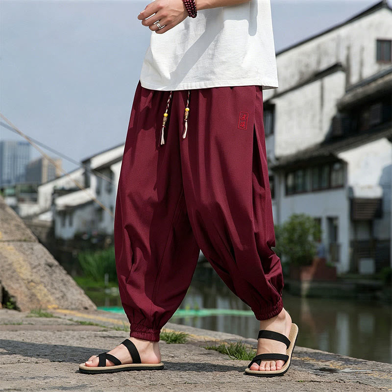 Nimara Ritual Summer Casual Drawstring Chinese Character Carefree Embroidery Ankle Pants Men's Harem Pants With Pockets