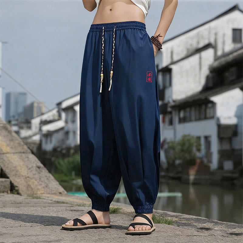 Nimara Ritual Summer Casual Drawstring Chinese Character Carefree Embroidery Ankle Pants Men's Harem Pants With Pockets