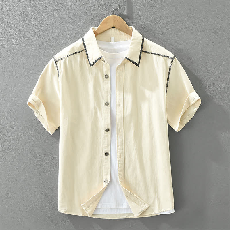 Nimara Ritual Summer Casual Vintage Line Design Button-Up Solid Men's Short Sleeve Shirts
