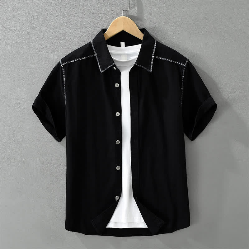 Nimara Ritual Summer Casual Vintage Line Design Button-Up Solid Men's Short Sleeve Shirts