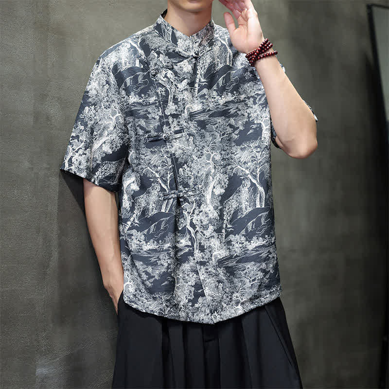 Nimara Ritual Summer Tang Style Frog Button Trees Abstract Pattern Men's Short Sleeve Shirts