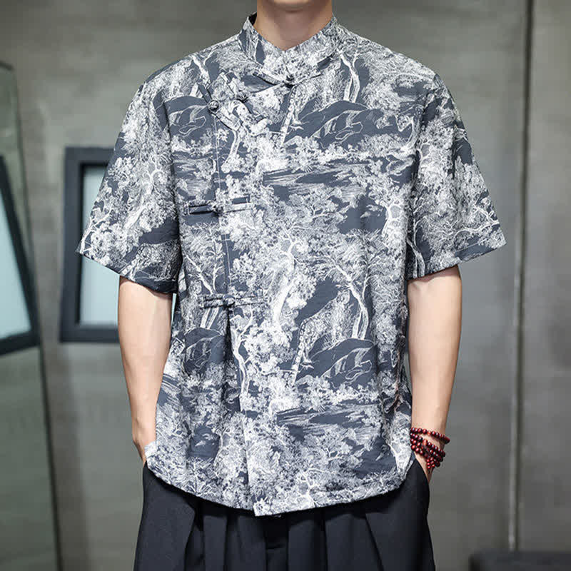 Nimara Ritual Summer Tang Style Frog Button Trees Abstract Pattern Men's Short Sleeve Shirts