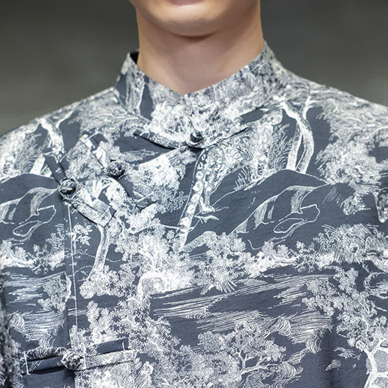 Nimara Ritual Summer Tang Style Frog Button Trees Abstract Pattern Men's Short Sleeve Shirts