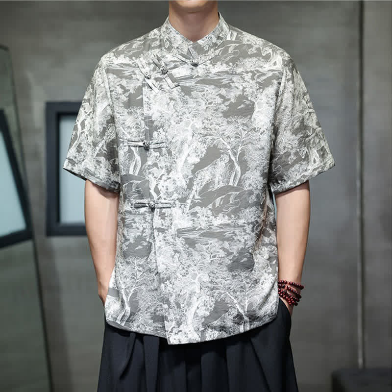 Nimara Ritual Summer Tang Style Frog Button Trees Abstract Pattern Men's Short Sleeve Shirts
